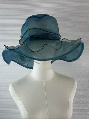 Lucky Leaf Women’s Peacock Blue Organza Wide Brim Hat Floral Statement Elegant